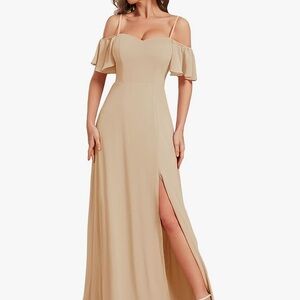 Elegant Tan Off-Shoulder Maxi Dress